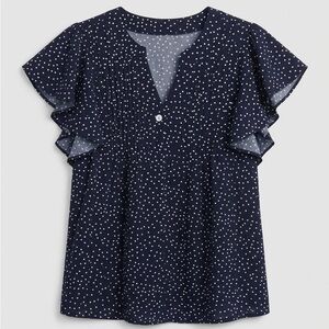 SHEIN Navy Blue Polka Dot Flutter Sleeve Pintuck Blouse